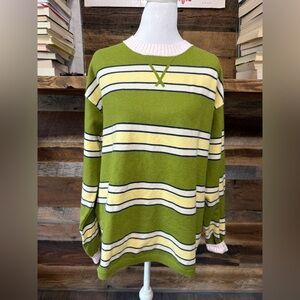 aerie Olive Green Striped Crewneck Sweater with Cream & Navy Accents NWT